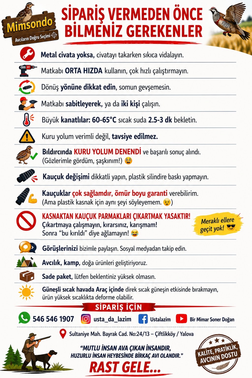 MİMSONDO sipariş öncesi kullanım ve güvenlik bilgilendirme afişi